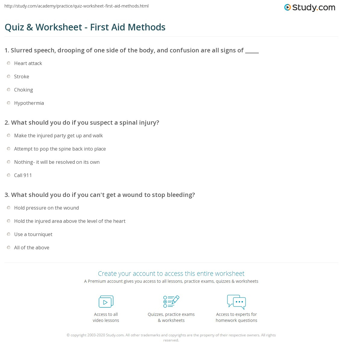 Quiz Worksheet First Aid Methods Study