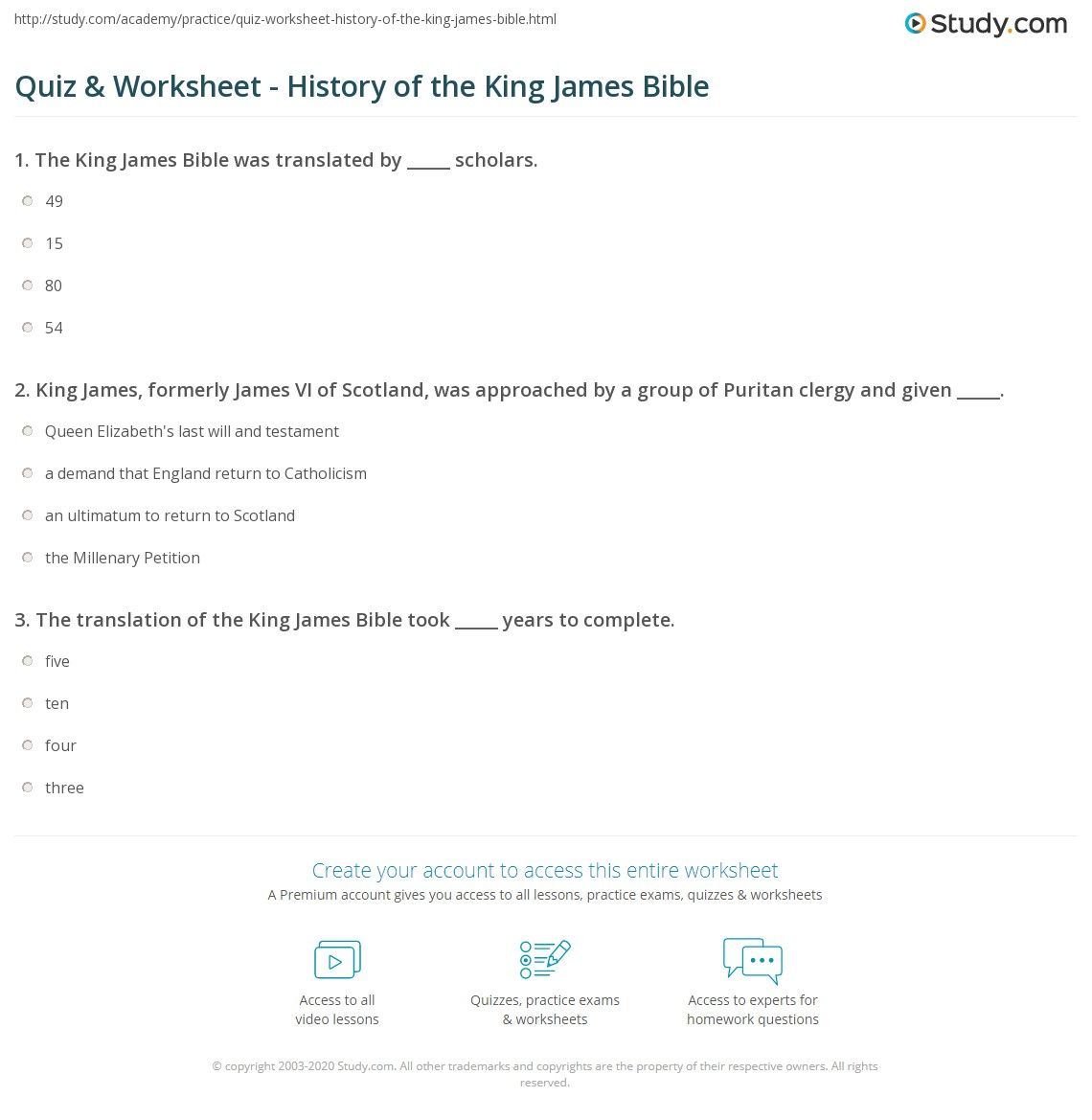 Quiz Worksheet History Of The King James Bible Study