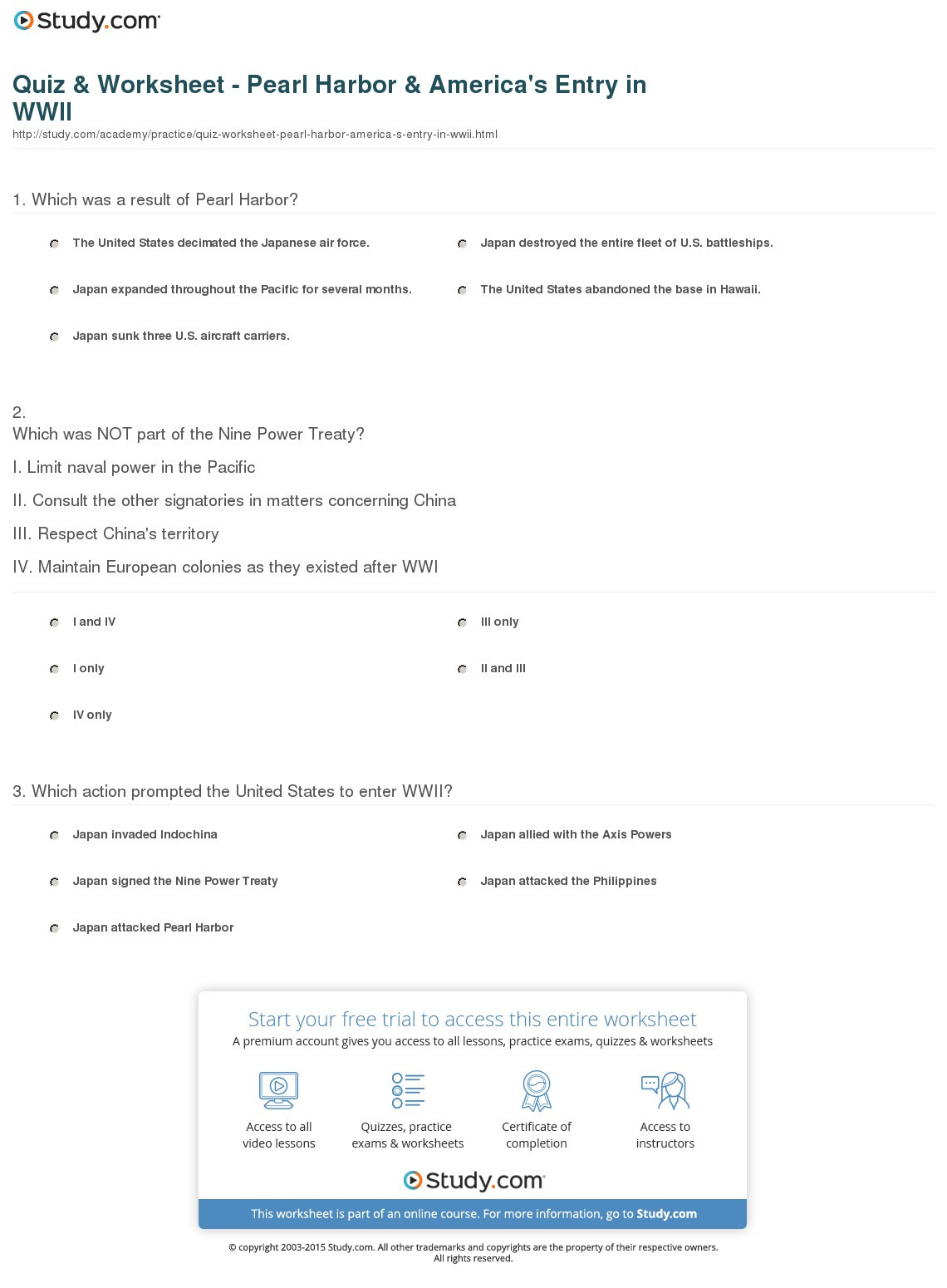 Quiz Worksheet Pearl Harbor America 39 s Entry In Wwii Db excel