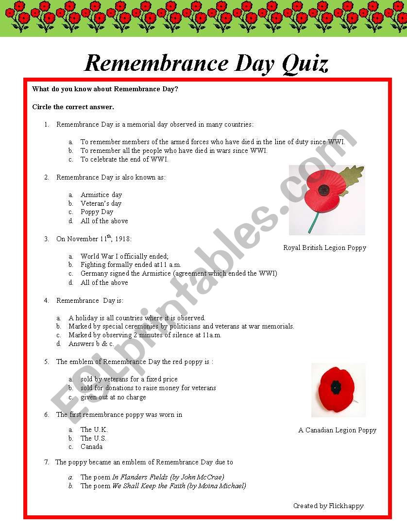 Remembrance Day Quiz ESL Worksheet By Flickhappy