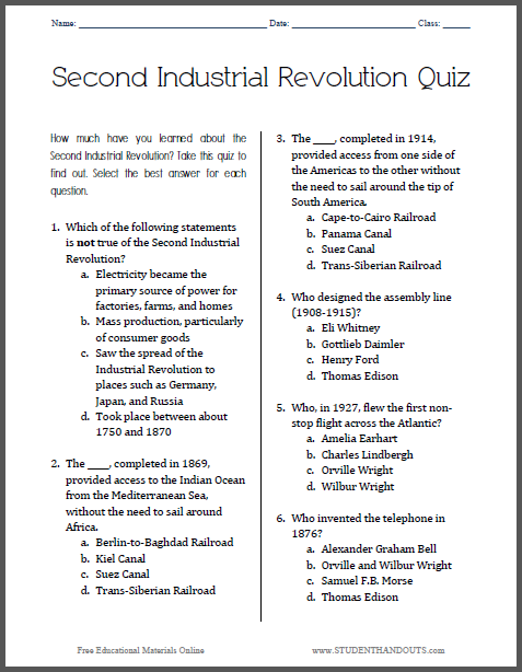 Second Industrial Revolution Printable Pop Quiz Free To Print PDF