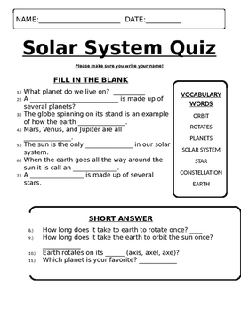 Solar System Quiz 2nd Grade By McAdams McStore TpT