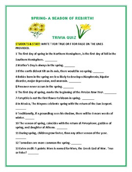 SPRING TRIVIA QUIZ A FUN KNOWLEDGE ACTIVITY TpT