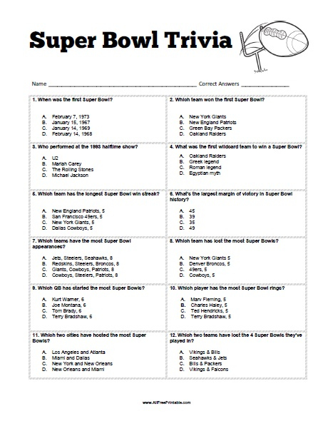 Super Bowl Trivia Free Printable