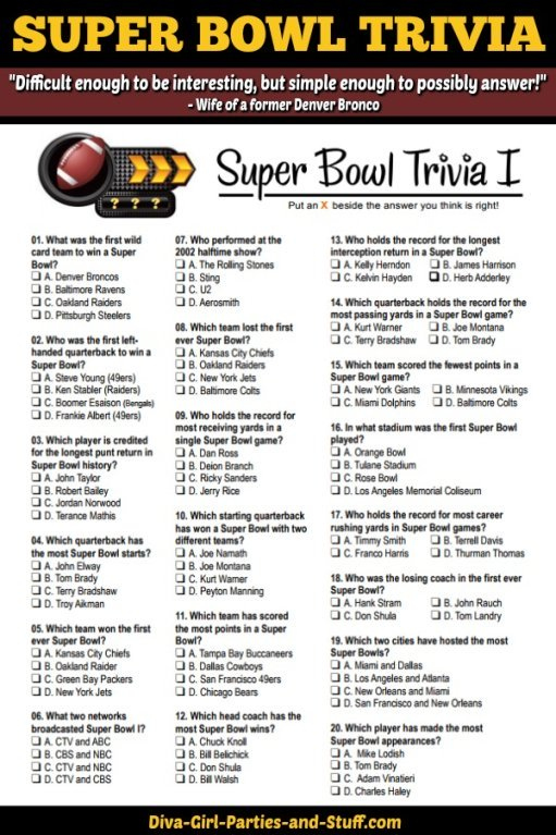 Super Bowl Trivia Multiple Choice Printable Game Updated 2018