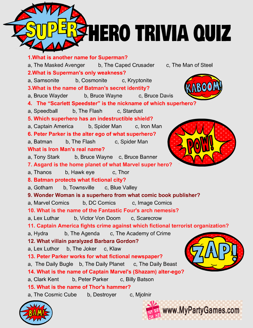 Superhero Trivia Questions And Answers Printable Printable Word Searches