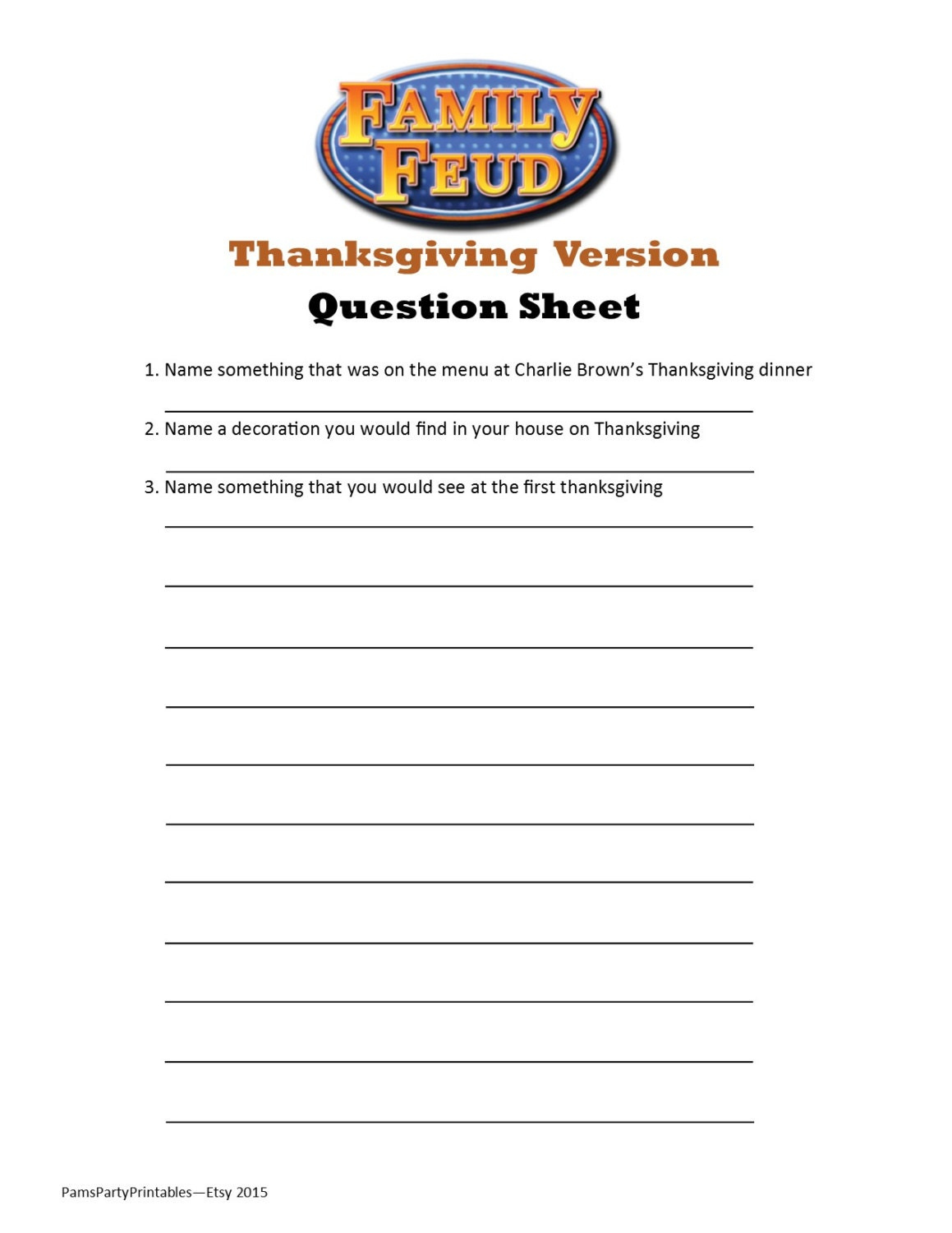 Thanksgiving Family Feud Printable Game Thanksgiving