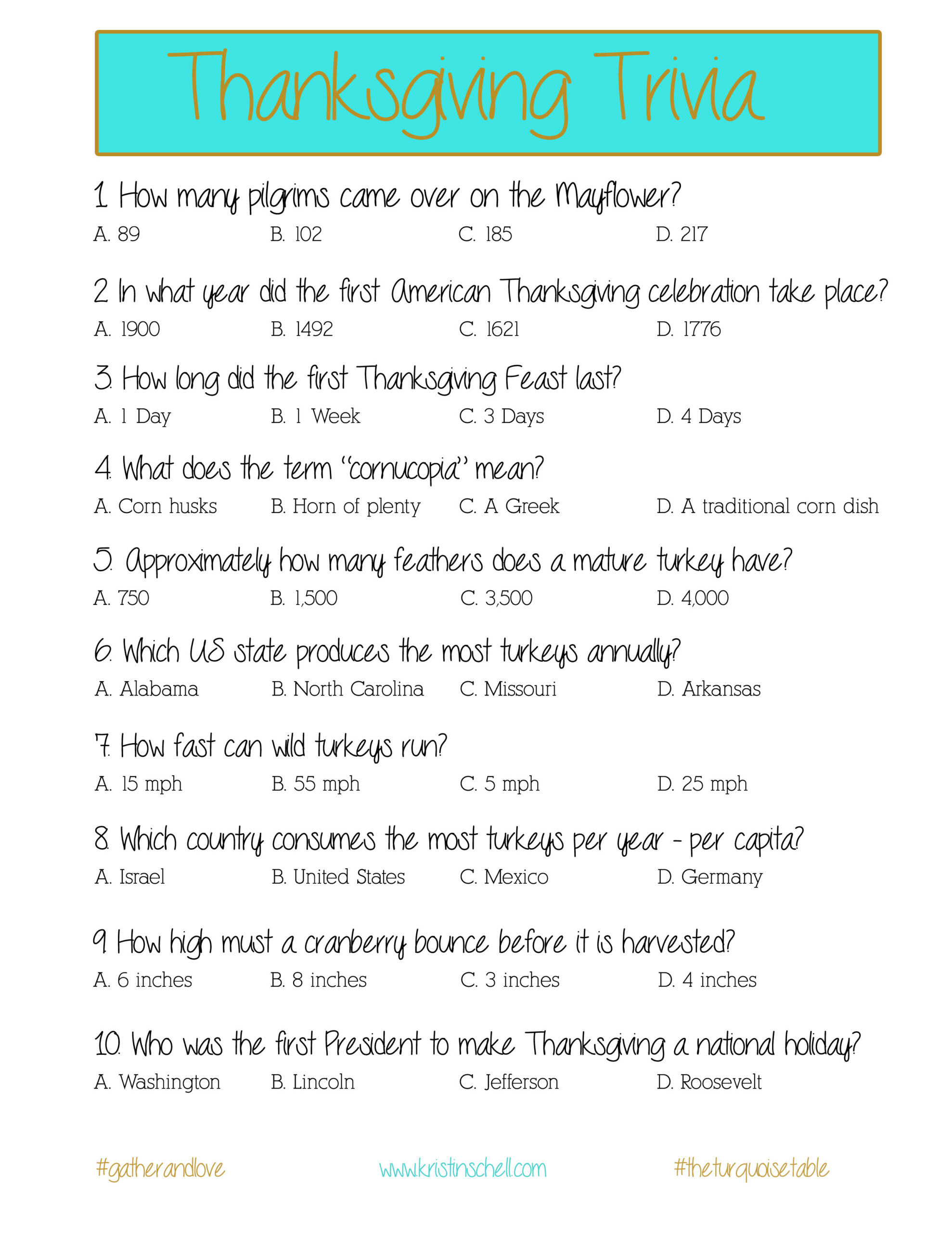 Thanksgiving Trivia a Printable For Your Gathering The Turquoise Table