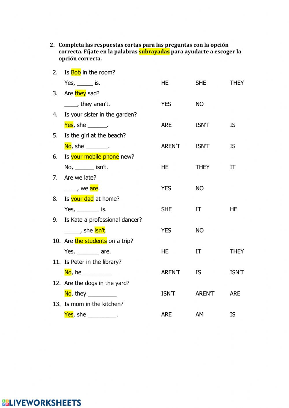 To Be Questions And Short Answers Worksheet