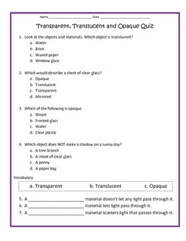 Transparent Translucent Opaque QUIZ 4th Grade Science By Cammie 39 s Corner