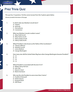 Trivia Questions For 5th Graders With Answers Prez Trivia Quiz 