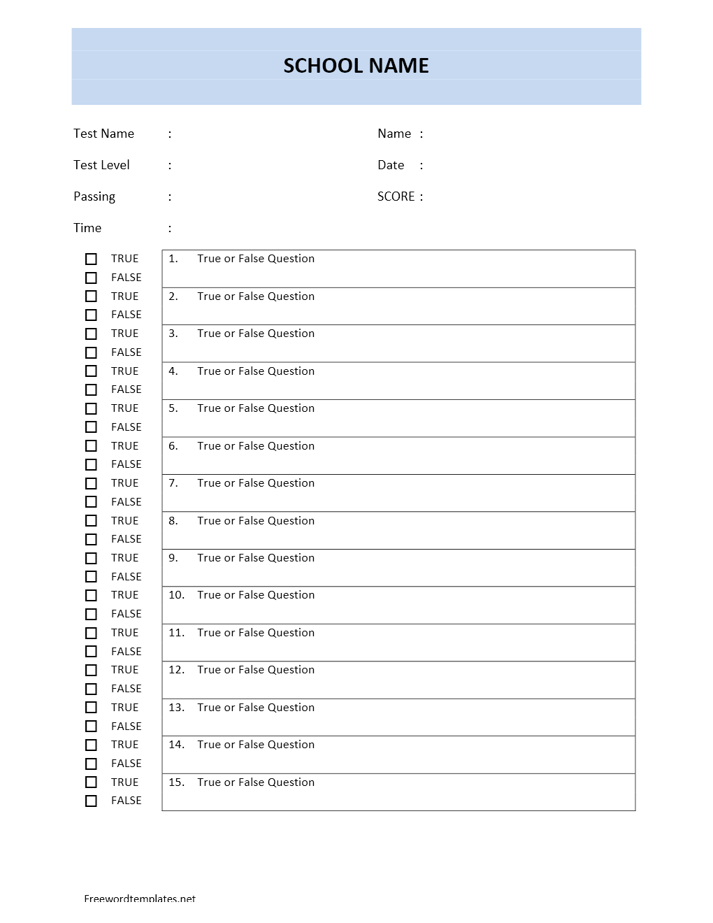 True False Quiz Sheet