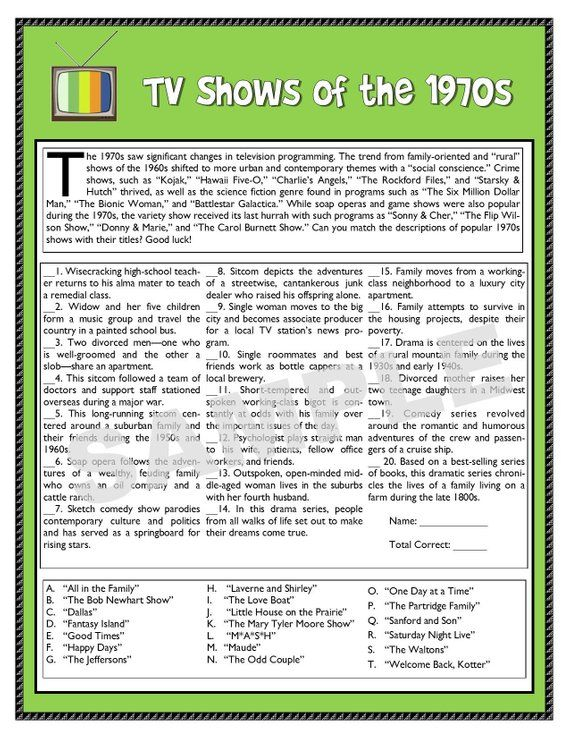 TV Shows Of The 1970s Printable Matching Game TV Trivia Etsy Tv