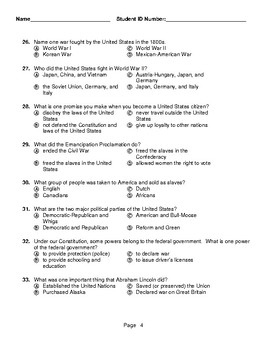 United States Citizenship Test Bubble Answers 100 Questions Multiple 
