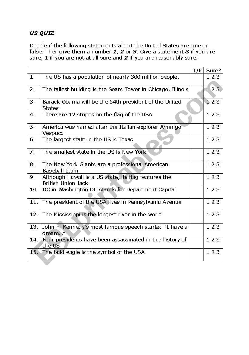 USA Quiz Answers ESL Worksheet By Anouks