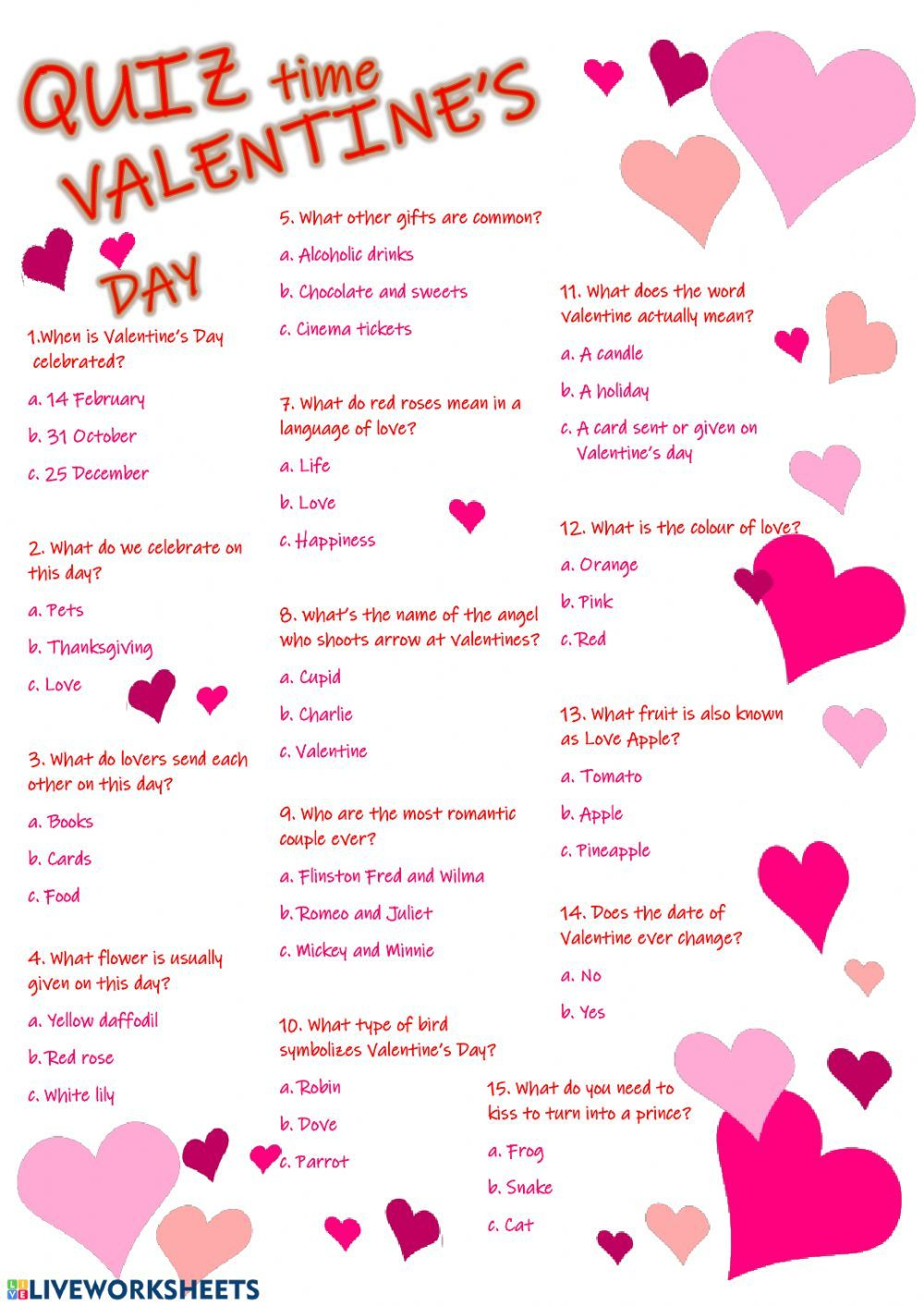 Valentine 39 s Day Quiz Interactive Worksheet Valentine Worksheets 