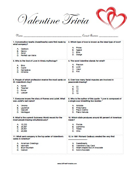Valentine Trivia Game Free Printable
