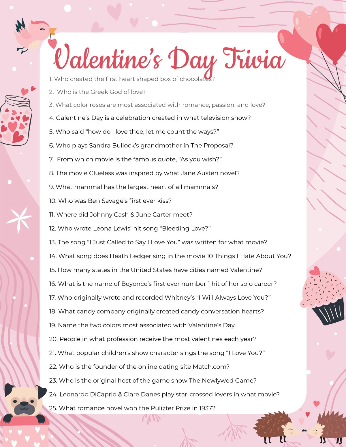 Valentines Day Trivia Questions Free Printable Play Party Plan