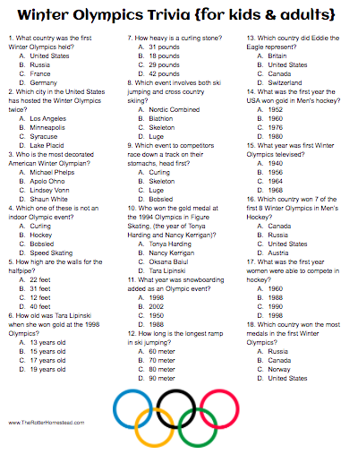 Winter Olympics Trivia free Printable For Kids And Adults Olympics