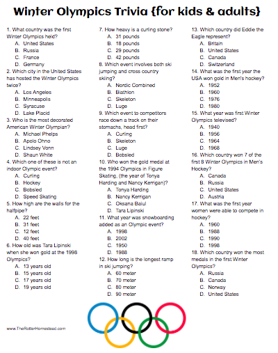 Winter Olympics Trivia free Printable For Kids And Adults Olympics 