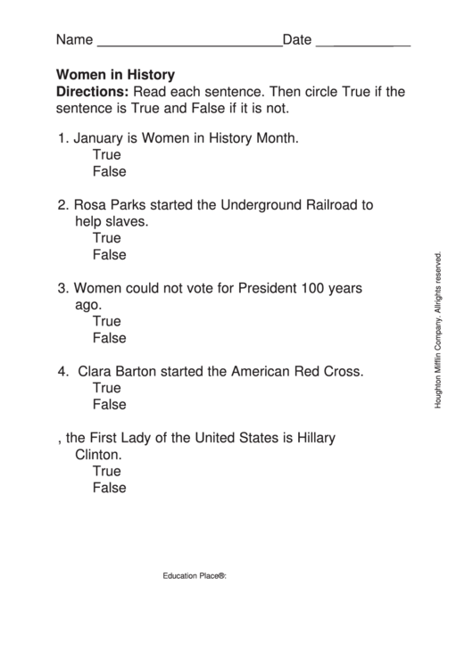 Women In History Quiz Worksheet Printable Pdf Download