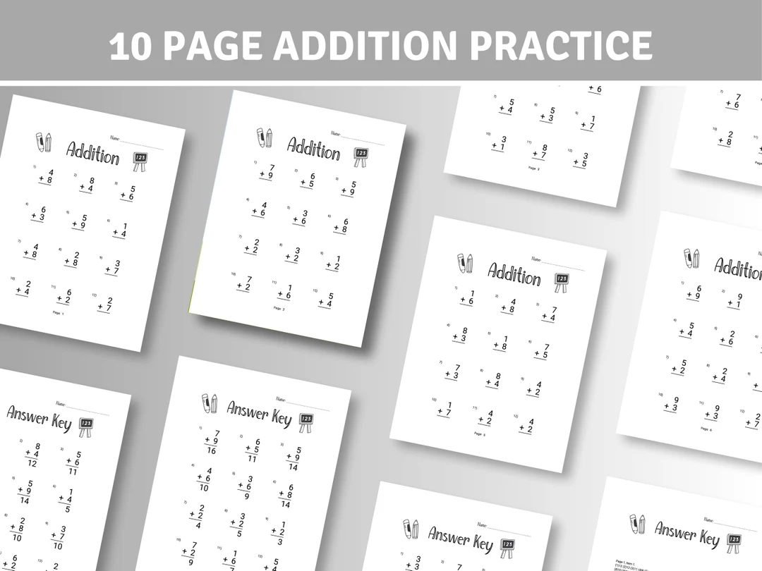 10 Printable Addition Worksheets Numbers 1 9 Answer Key Included Math Worksheets Kids Etsy