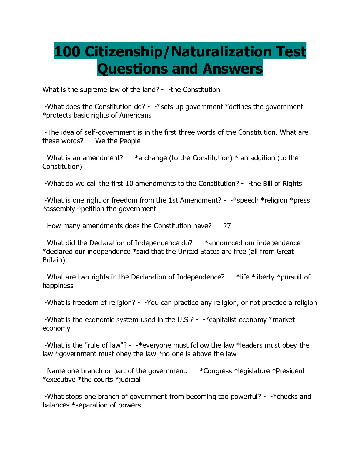 100 Citizenship Test Questions 2024 49 Questions And Answers DocMerit