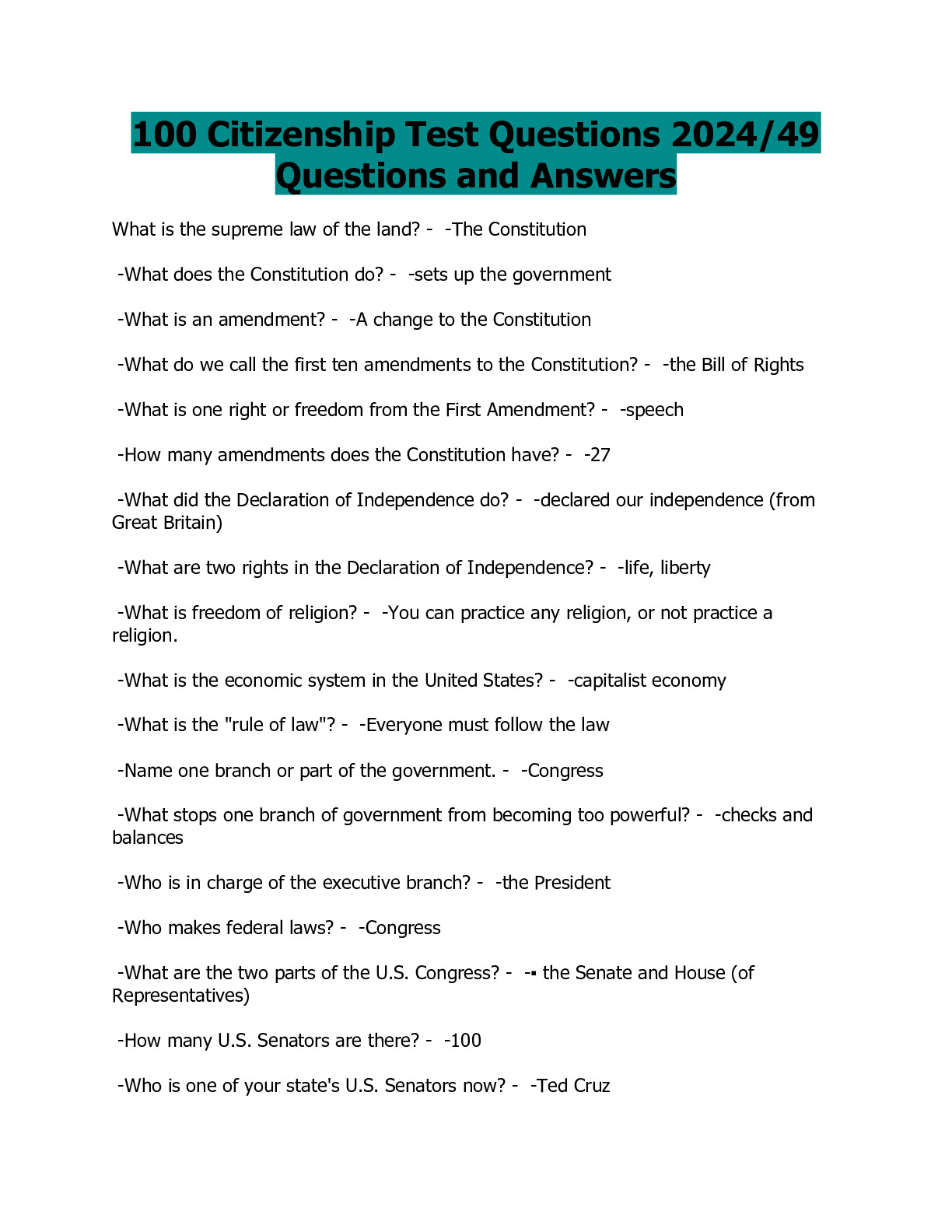 100 Citizenship Test Questions 2024 49 Questions And Answers DocMerit