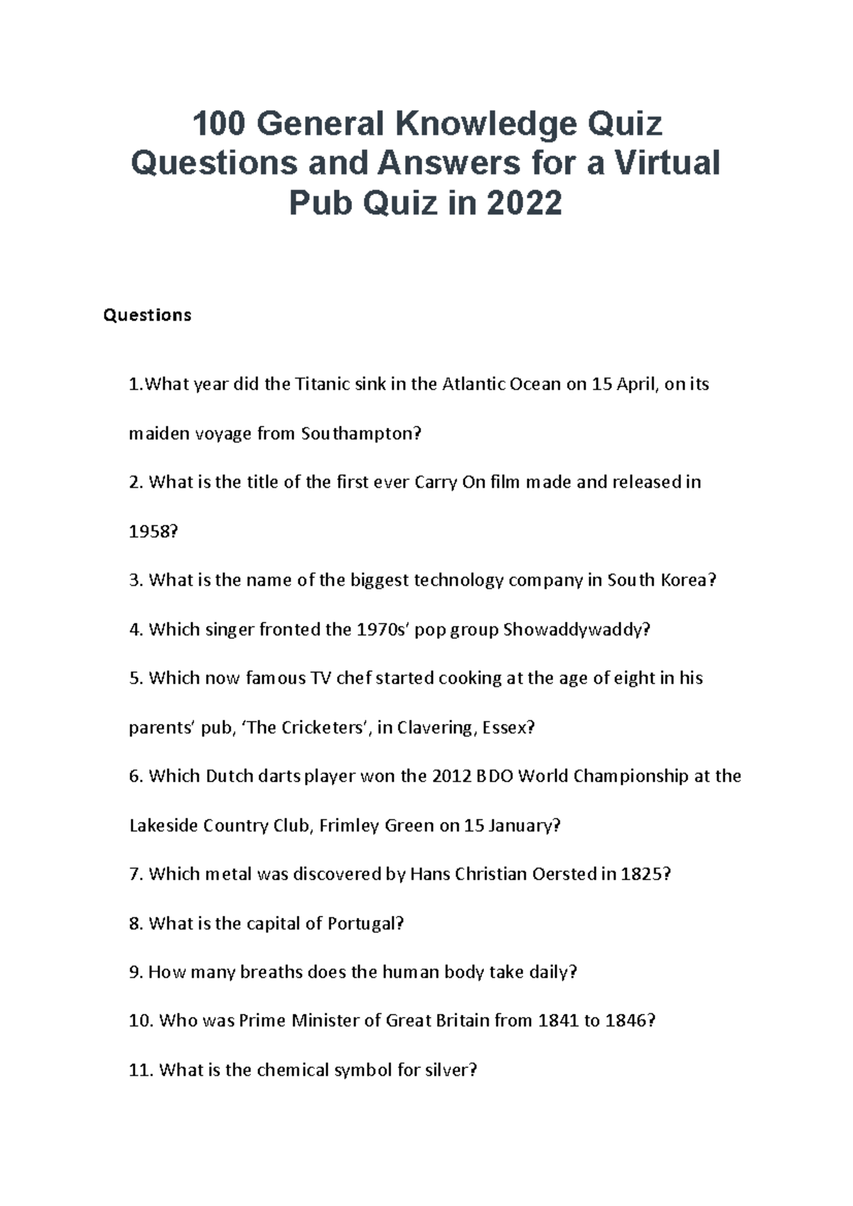 100 General Knowledge Quiz Questions And Answers 100 General Knowledge Quiz Questions And Answers Studocu