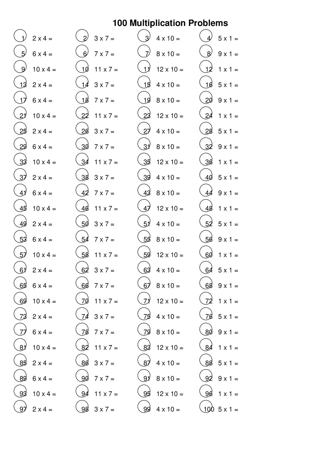 Printable 100 Questoins Answersheet