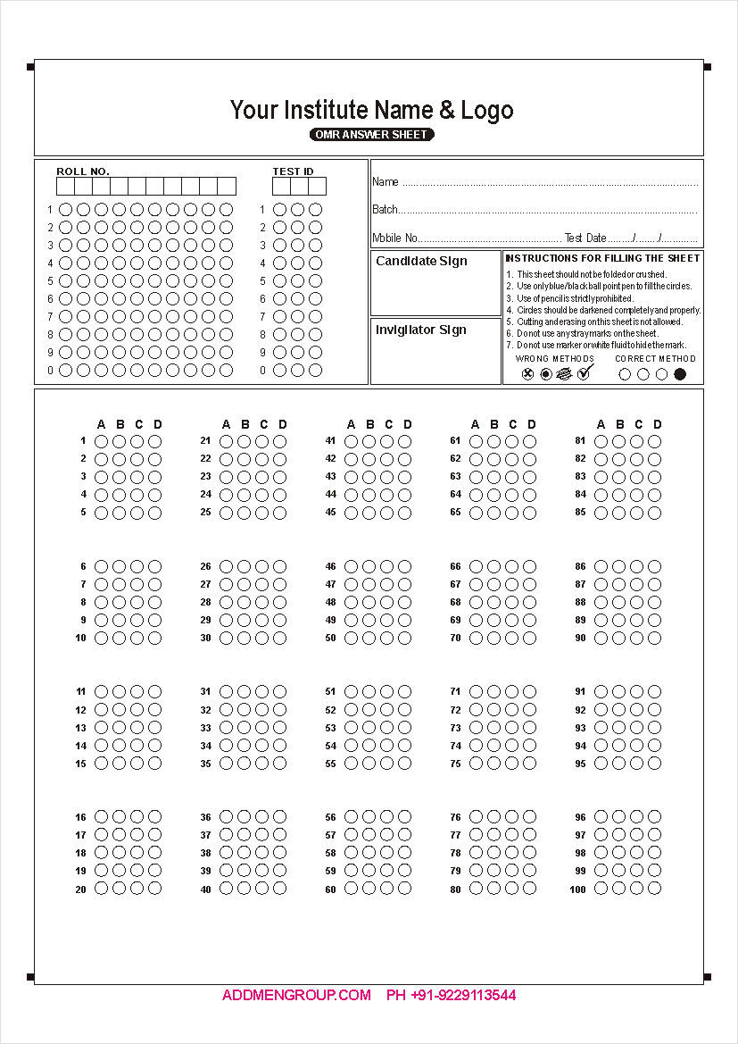 100 Question OMR Sheet Sample OMR Sheet Model Printer Sample Omr Answer Sheet Format