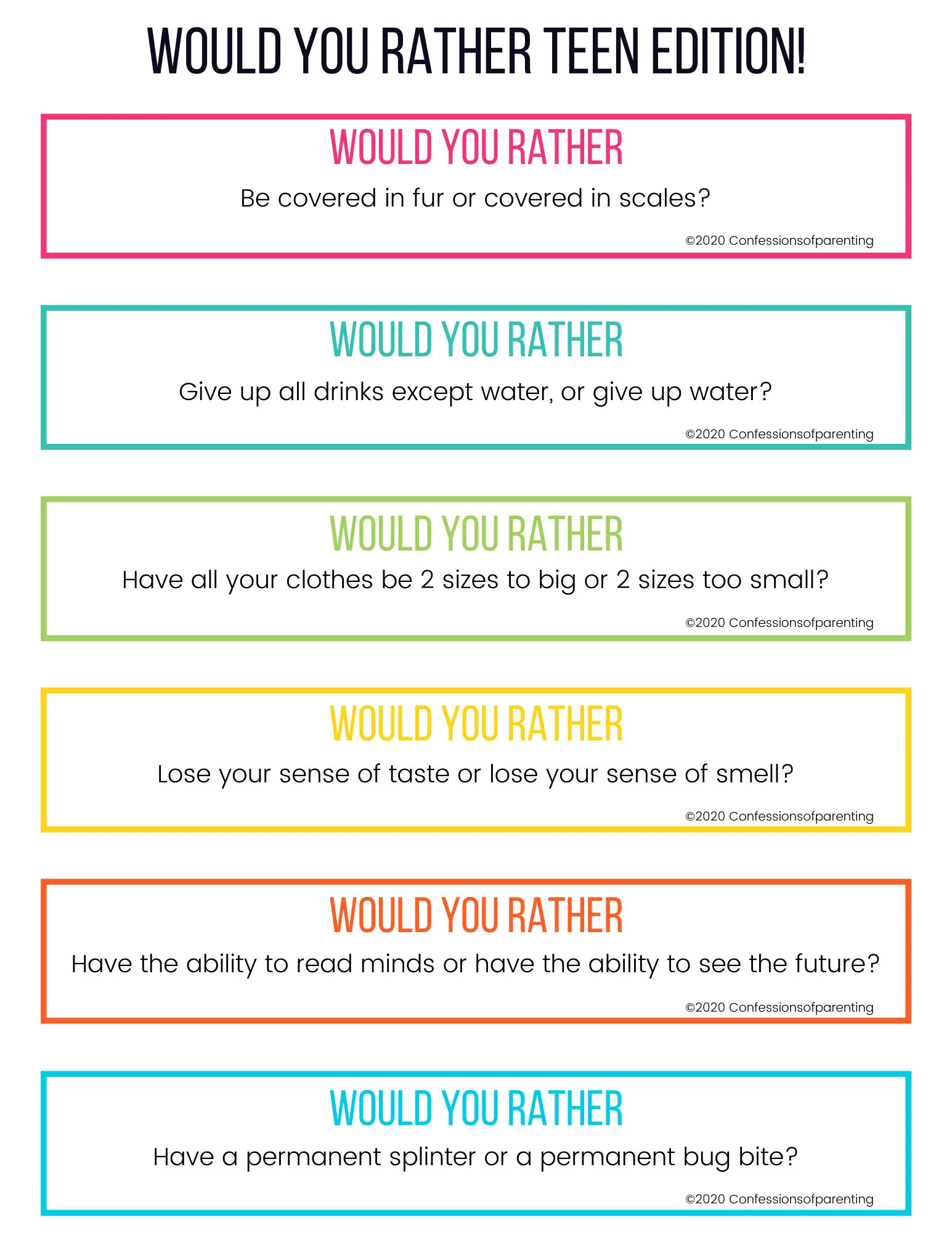100 Would You Rather Questions For Teens Etsy