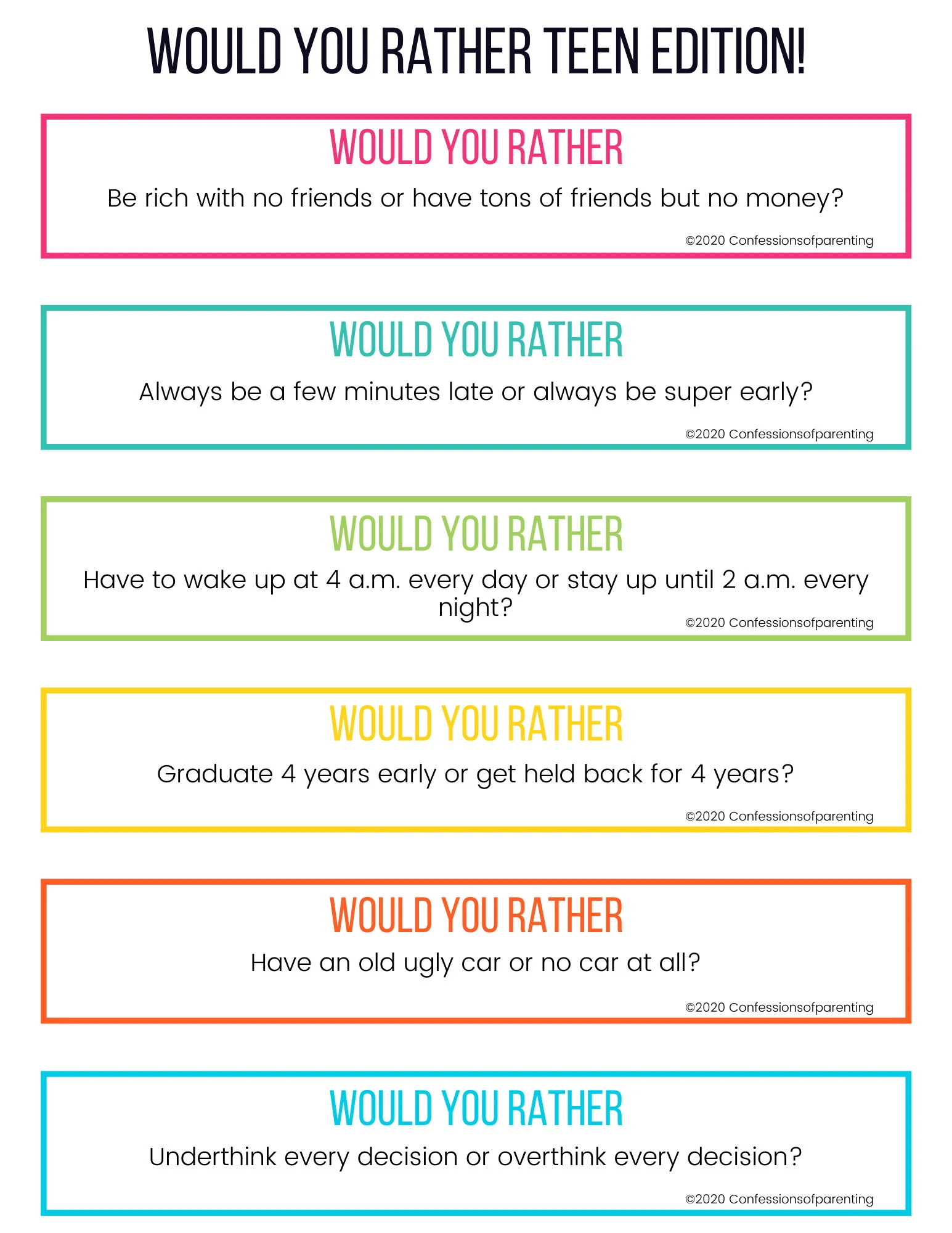 100 Would You Rather Questions For Teens Etsy