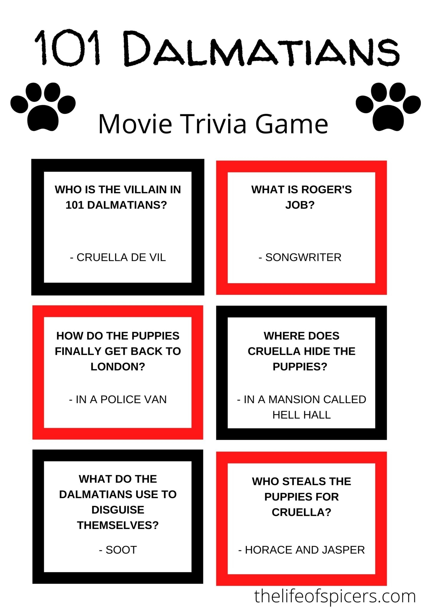 101 Dalmatians Trivia Quiz FREE PRINTABLE The Life Of Spicers