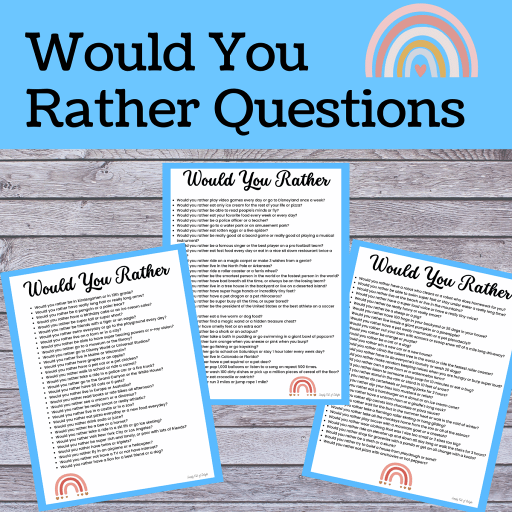 Would You Rather Questions Free Printable for Younger Kids
