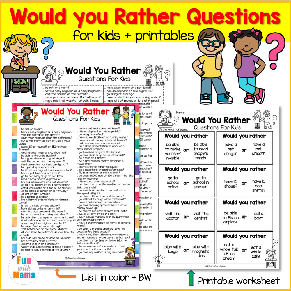 Would You Rather Questions Free Printable for Younger Kids