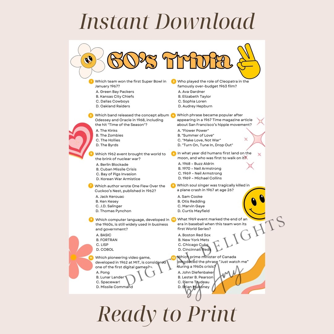 1960 s Trivia Game Printable Trivia Questions 1960s Themed Party Decades Trivia Family Game Night Party Games For Adults Birthday Idea Etsy