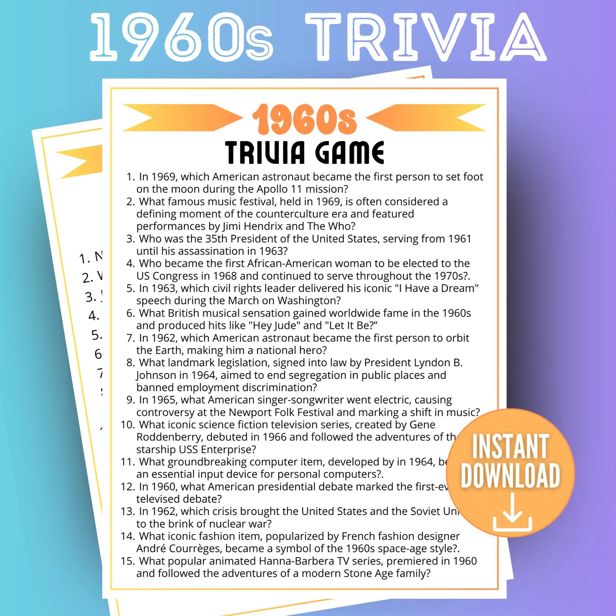 1960s Decade Trivia Game Trivia Questions 60s Trivia Quiz 1960s Themed Party Family Game Night Party Games For Adults Birthday Idea Etsy