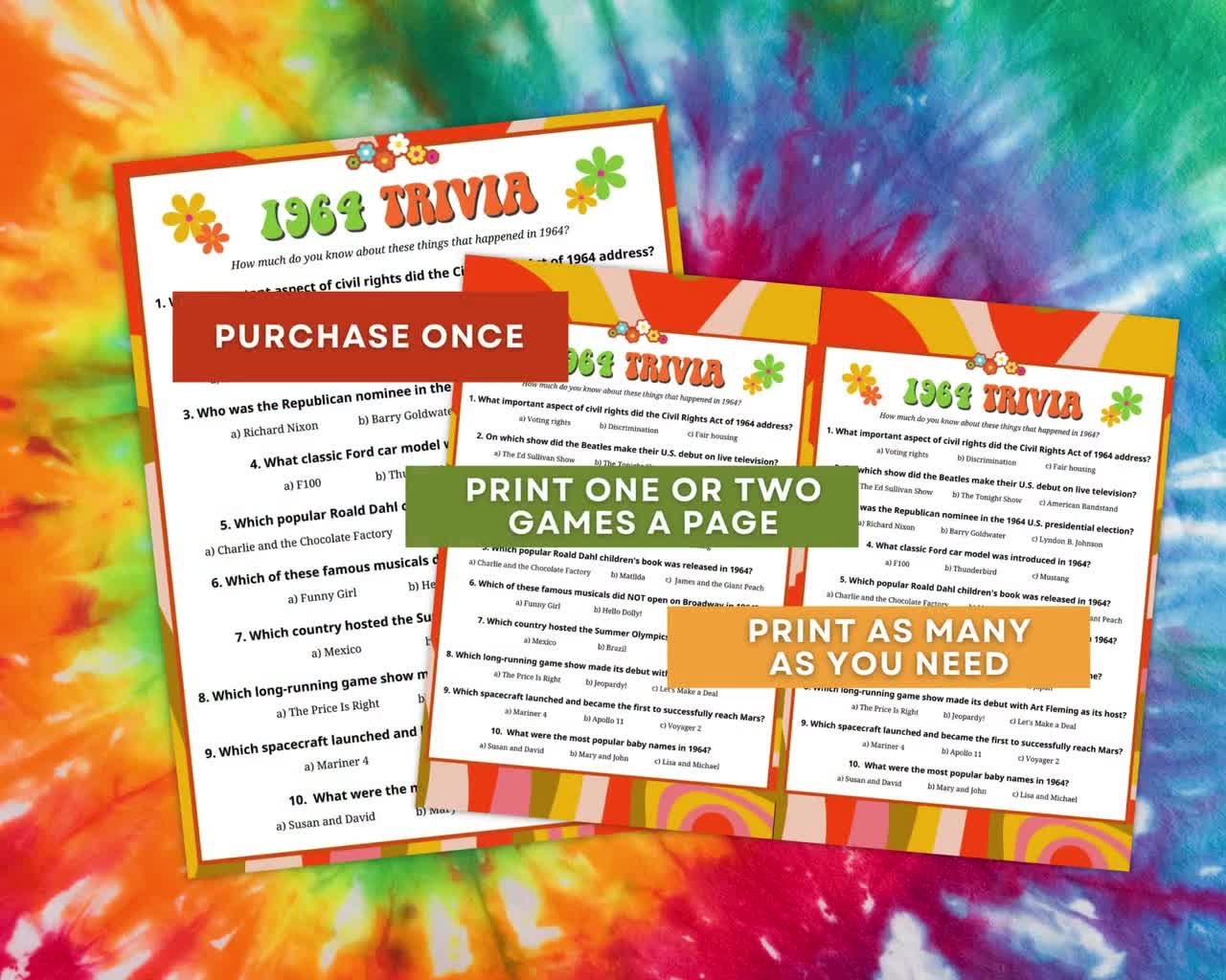 1964 Trivia With Answers Printable 61st Birthday Party Or Anniversary Party Game 10 Fun Quiz Questions From Back In 1964 Instant Download Etsy