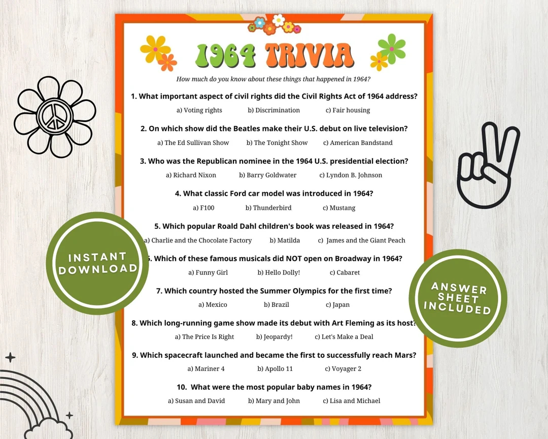 1964 Trivia With Answers Printable 61st Birthday Party Or Anniversary Party Game 10 Fun Quiz Questions From Back In 1964 Instant Download Etsy