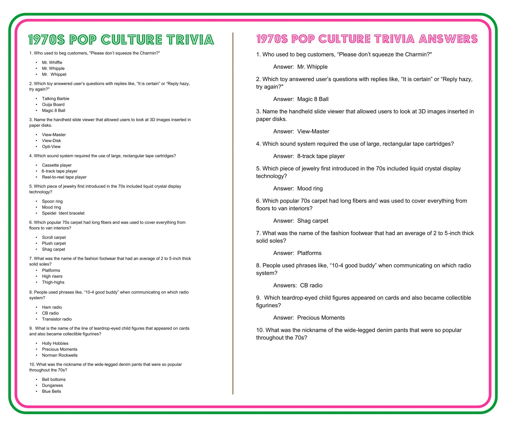 1970 S Trivia Questions And Answers Printable