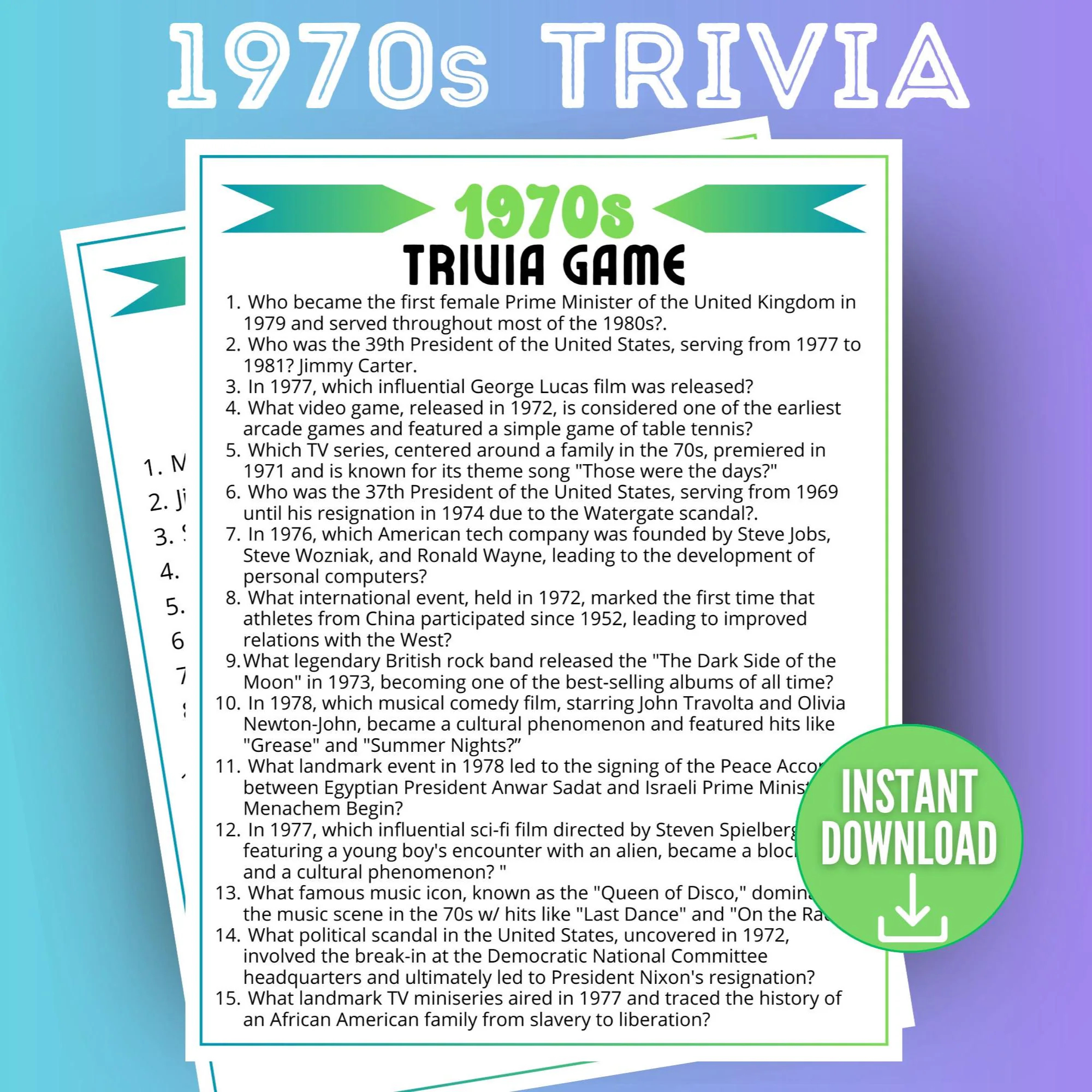 1970s Decade Trivia Game Trivia Questions 70s Trivia Quiz 1970s Themed Party Family Game Night Party Games For Adults Birthday Idea Etsy