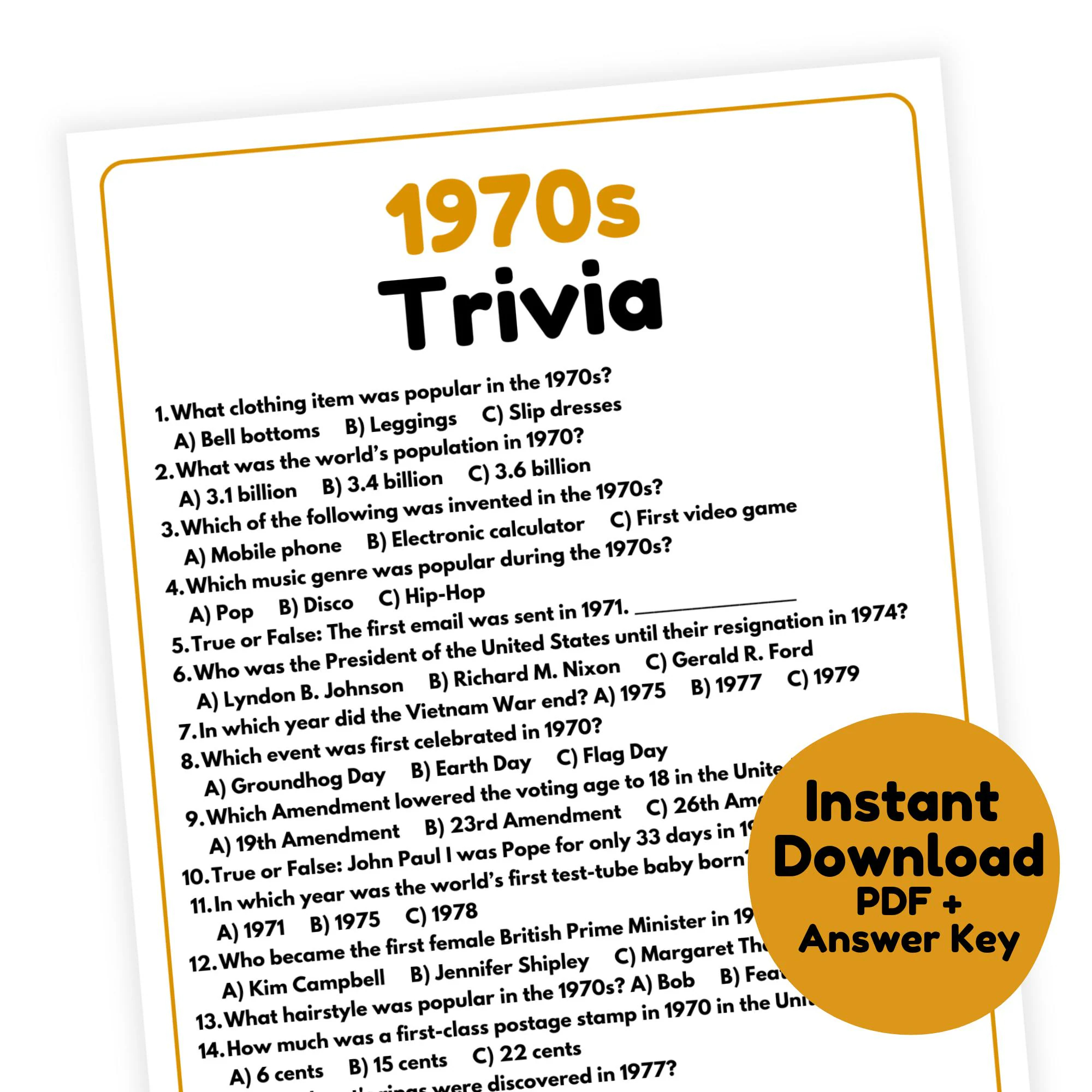 1970s Trivia Game 1970s Game Printable 1970s Party Game For Adults And Kids 70s Trivia Game 70s Party Game Decades Trivia Game Etsy