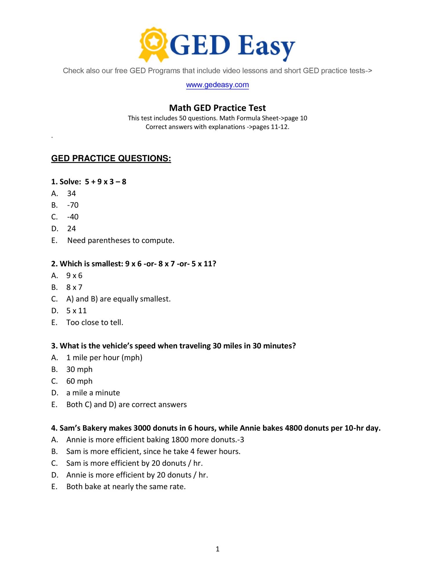 2 Full Length GED Math Practice Tests By Effortless Math Education Worksheets Library