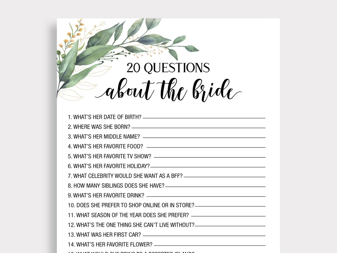 20 Questions About The Bride Who Knows The Bride Best Twenty Questions Bridal Shower Game Printable Bridal Shower Game Green Leaves C18 Etsy