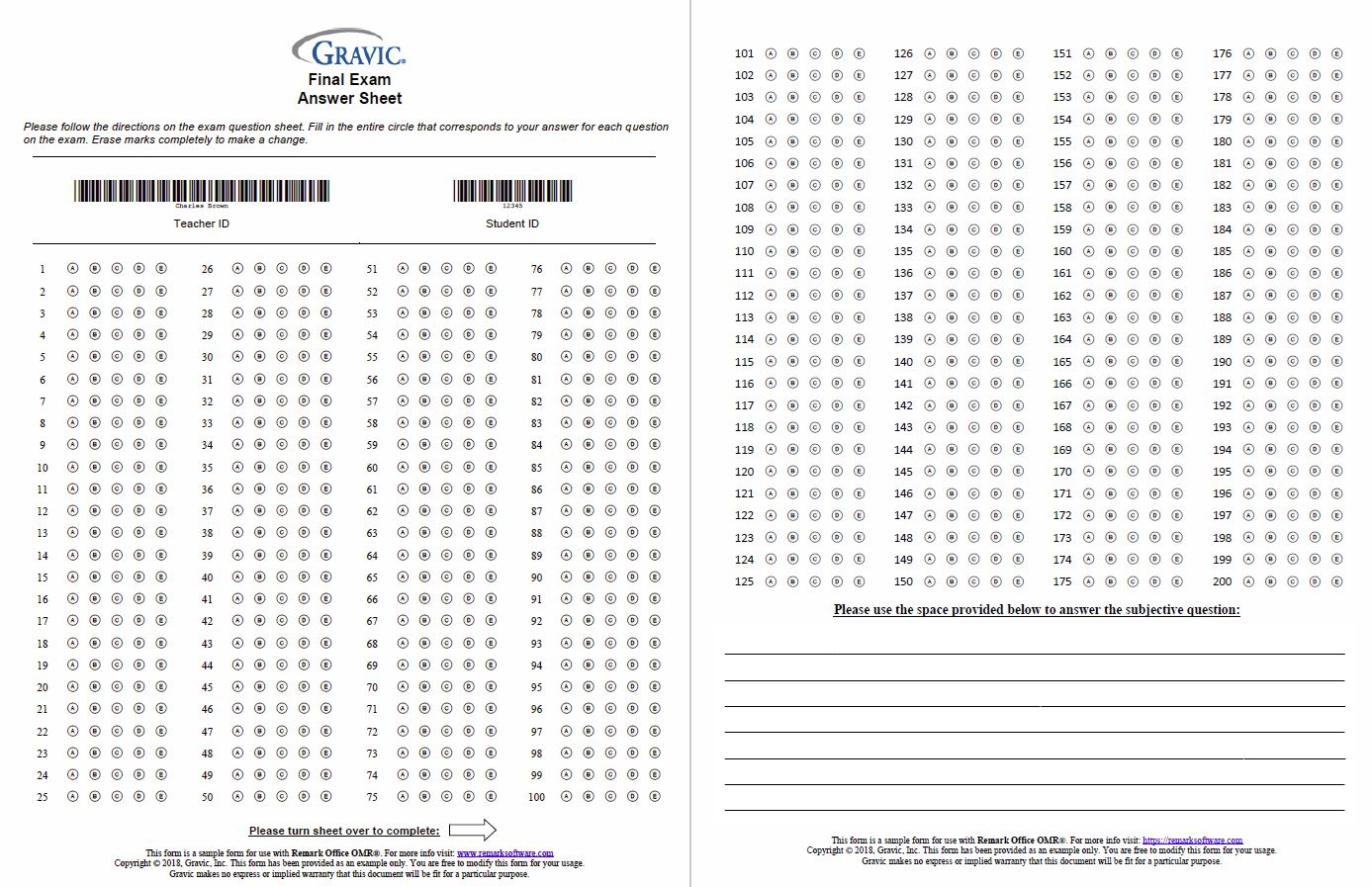 200 Question Test Answer Sheet With Subjective Question Remark Software