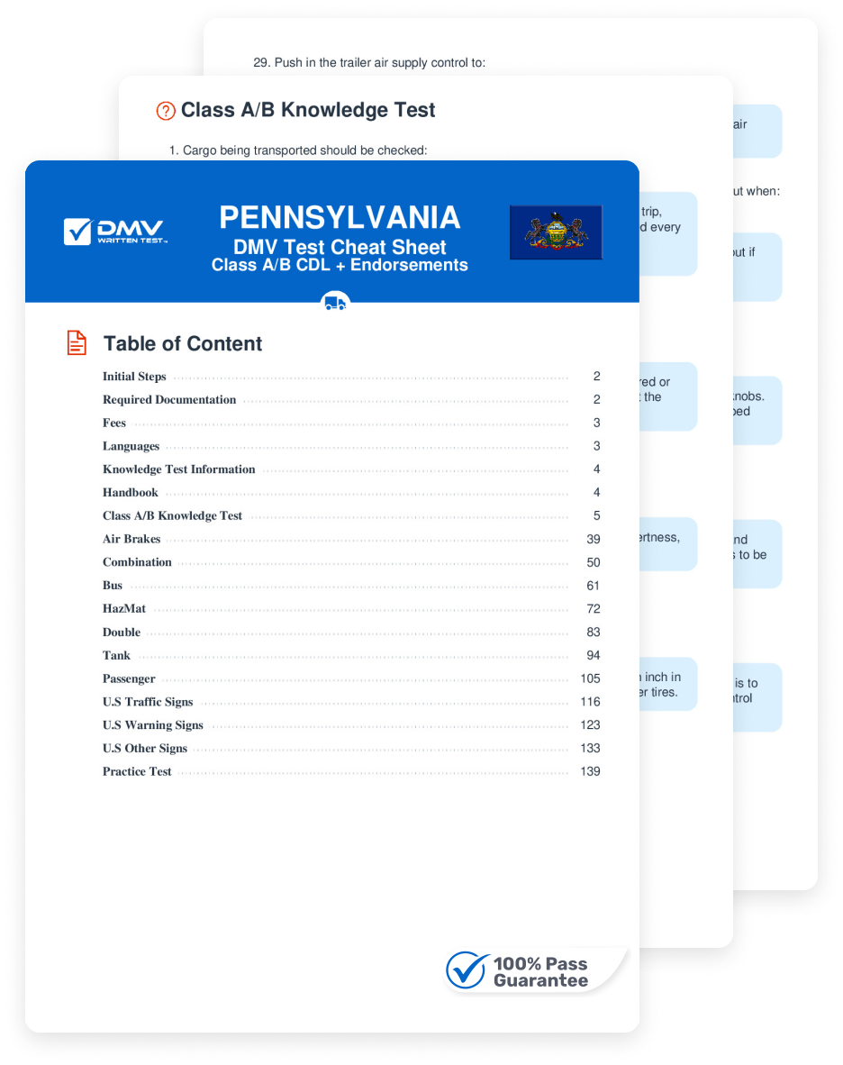 2025 Pennsylvania DMV CDL Permit Test Cheat Sheet 99 Pass Rate 