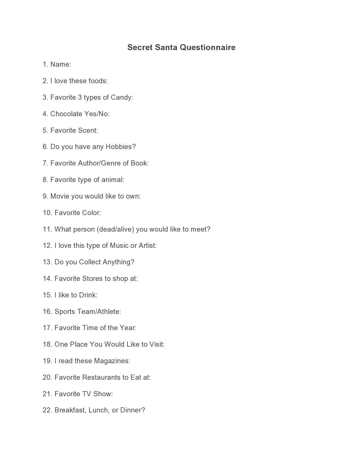 Secret Pal Questionnaire Printable