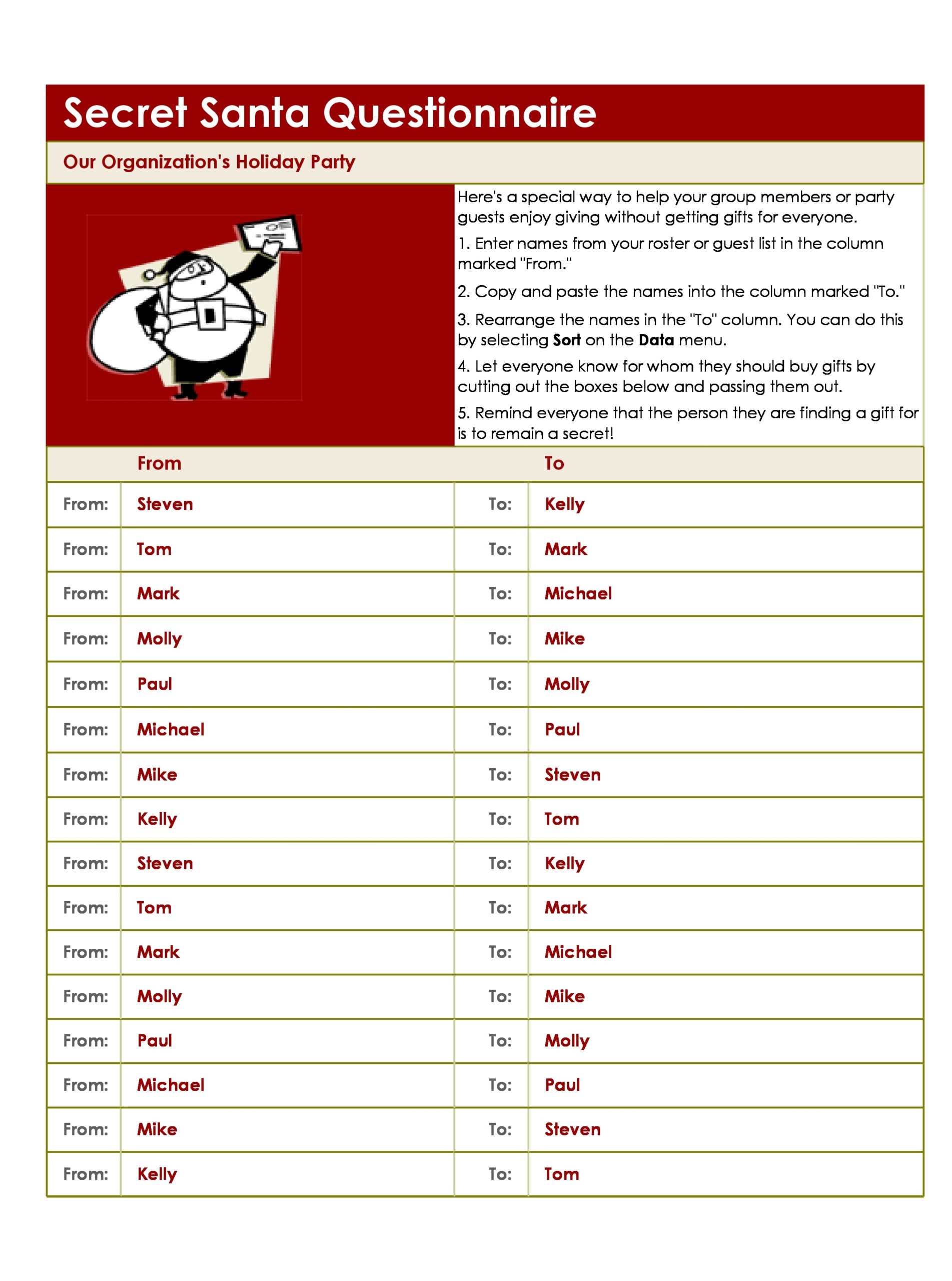Secret Santa Simple Questionnaire Printable