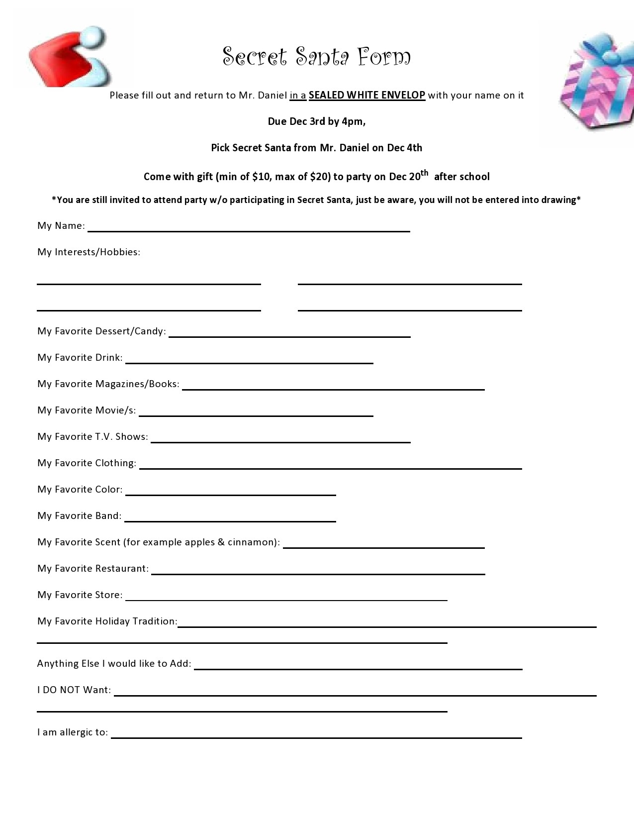 Secret Pal Questionnaire Free Printable
